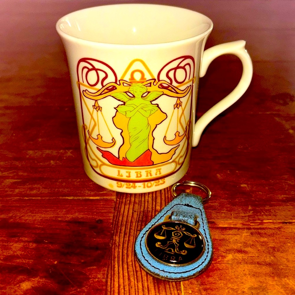 Vintage Art Nouveau Style Libra Coffee Cup & Blu Leather Keychain Unique
